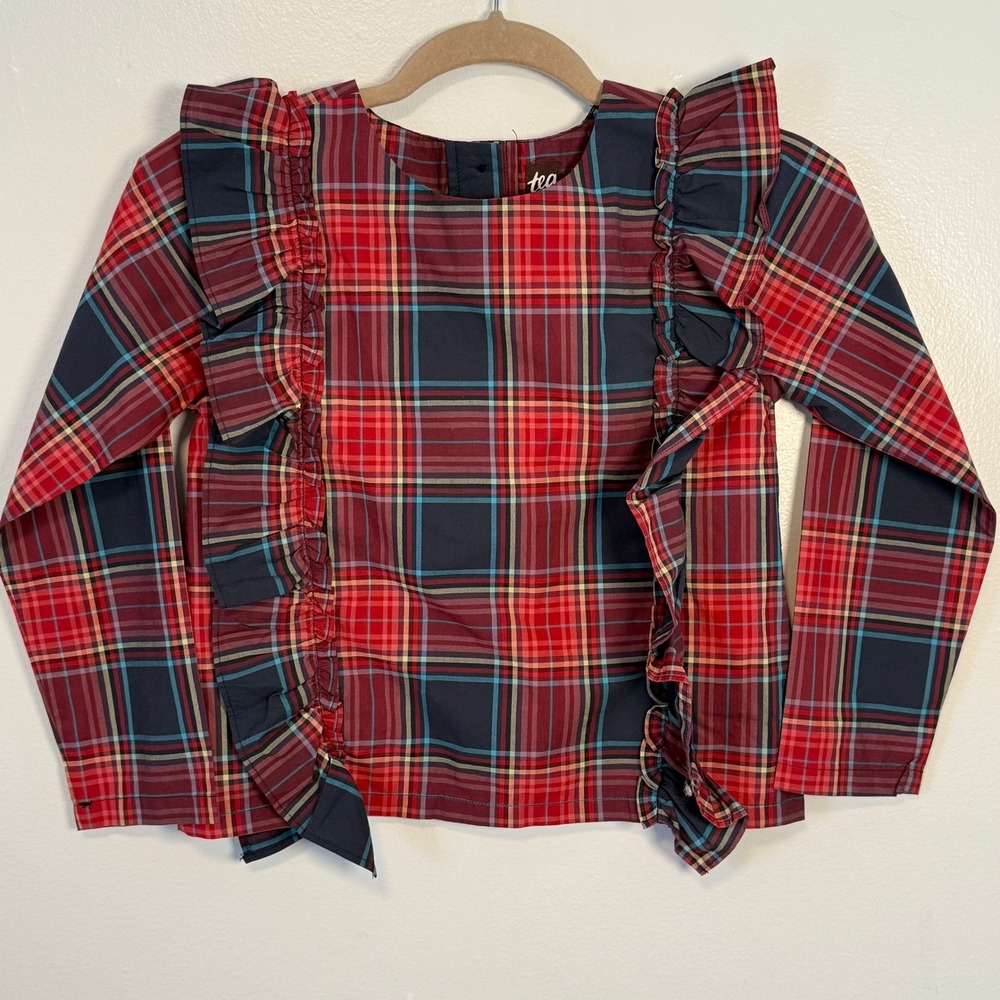 Tea Collection Ruffle Plaid Top Kids Size 8 Red Navy Holiday Long Sleeve Shirt